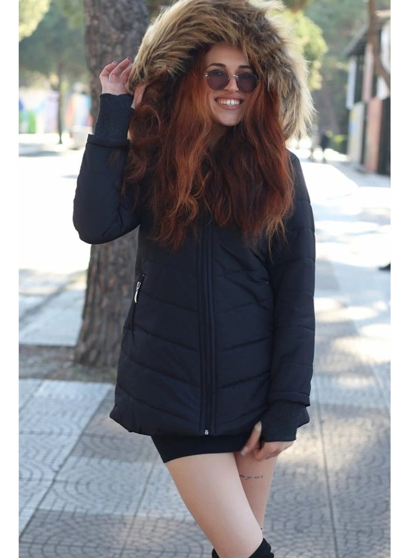 Barbora Winter Women's Puffer Coat with Gloves and Fur Hood TR121BLACK33 - Image 2